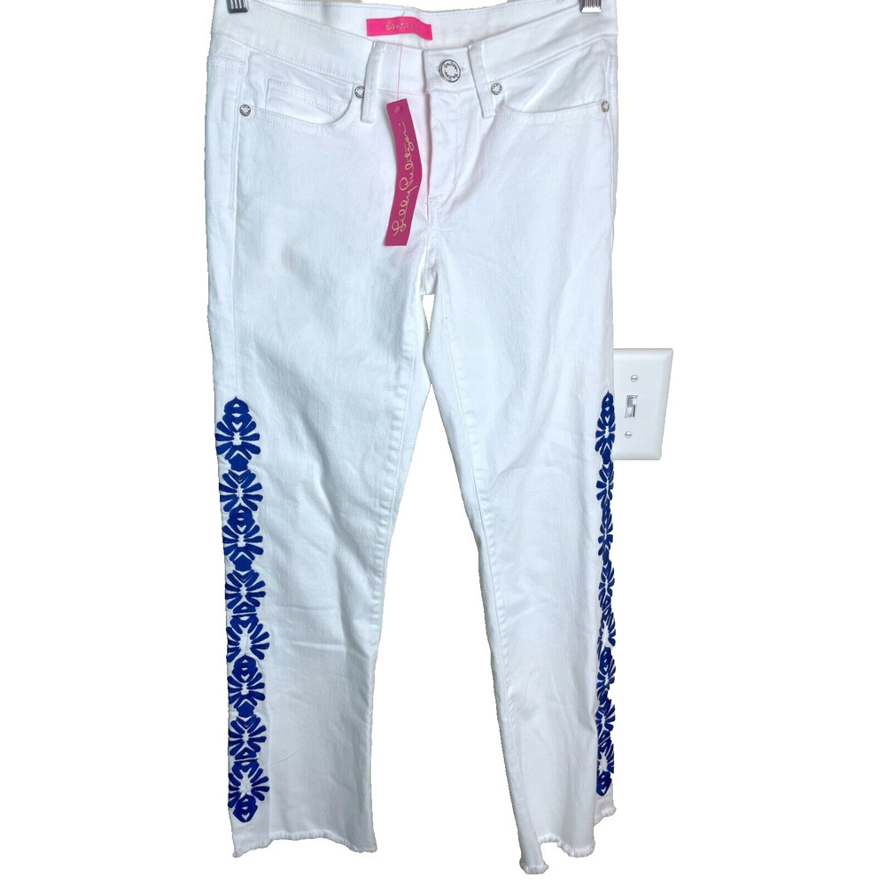 Lilly Pulitzer Jeans Womens 0 Embroidered South Ocean Crop Flare White Floral